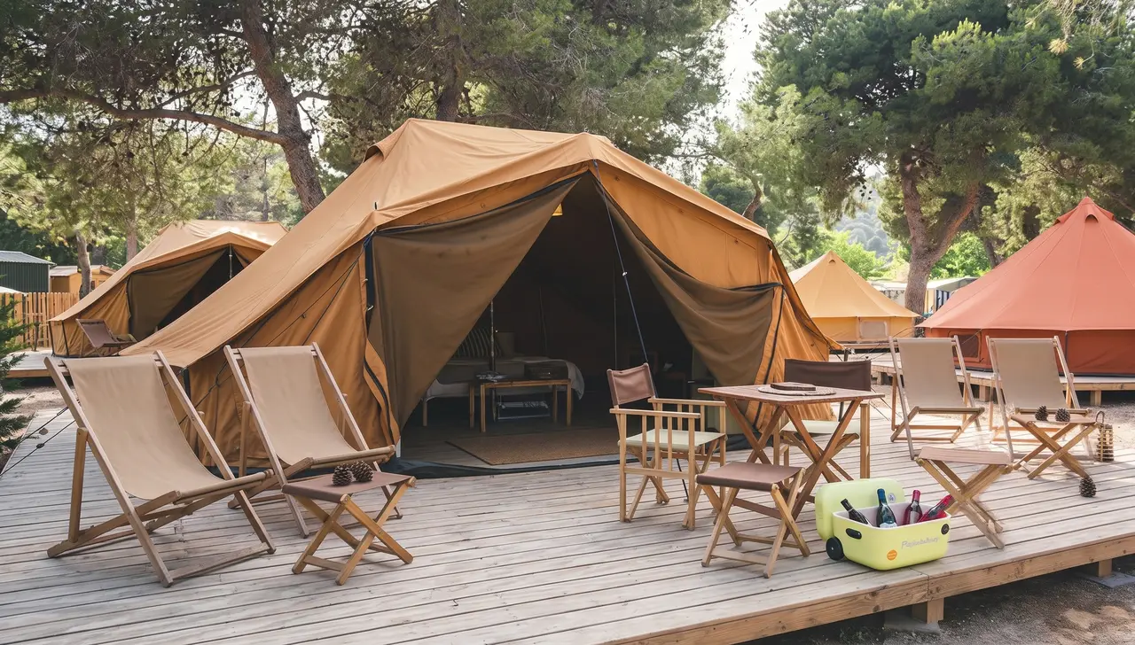 Glampingzelt mit Holzdeck und Liegestühlen