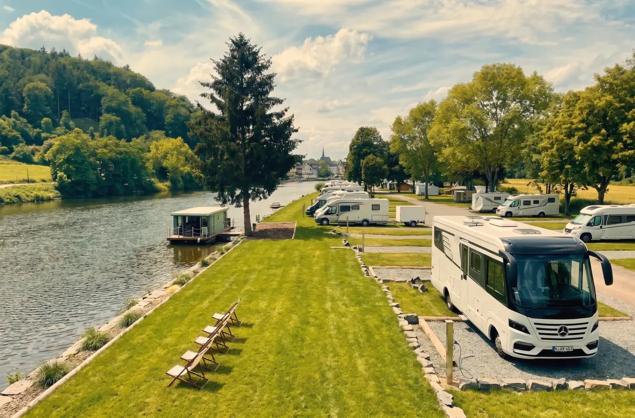 Stellplätze am Wasser mit Wohnmobilen und Liegestühlen